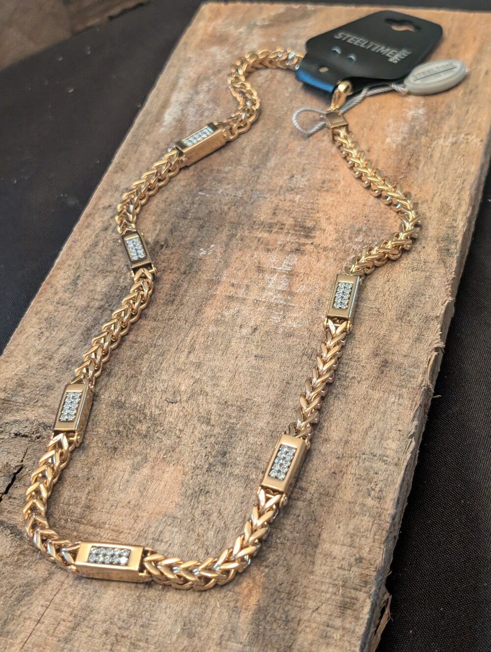 STEELTIMEMen's 18k Gold Plated Stainless Steel Wheat Chain and Simulated Diamond